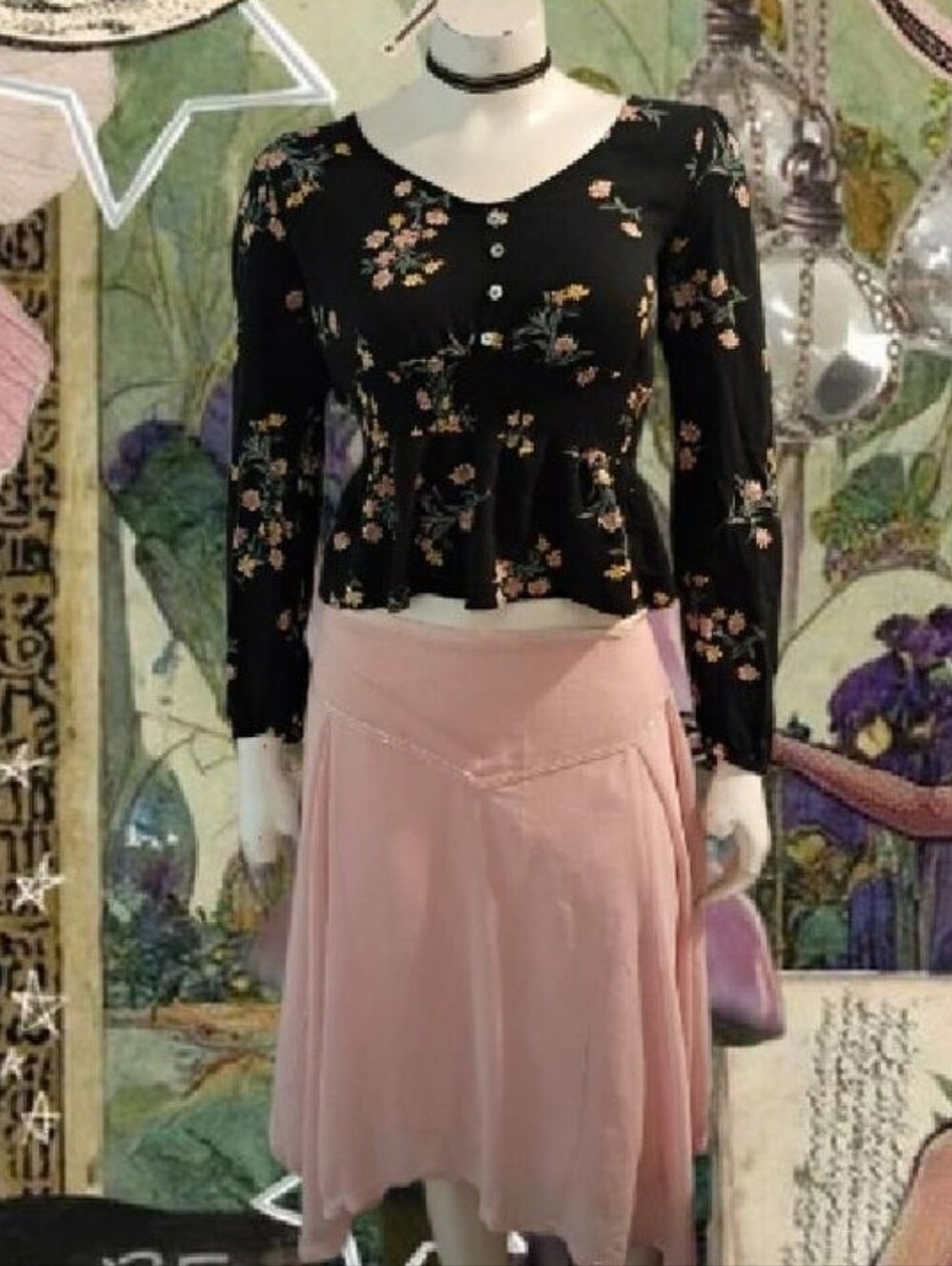 Lola Grace Floral Peplum Blouse Black & Pink Medium Like New